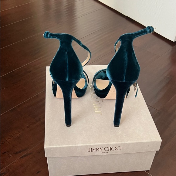 Jimmy Choo Dark Teal Velvet Heels - Picture 2 of 4